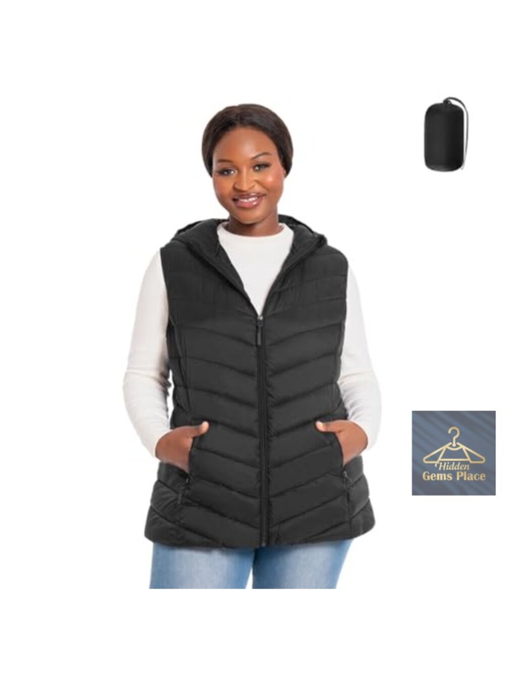 Women's Plus Size Packable Puffer Vest Hooded Lightweight Quilted